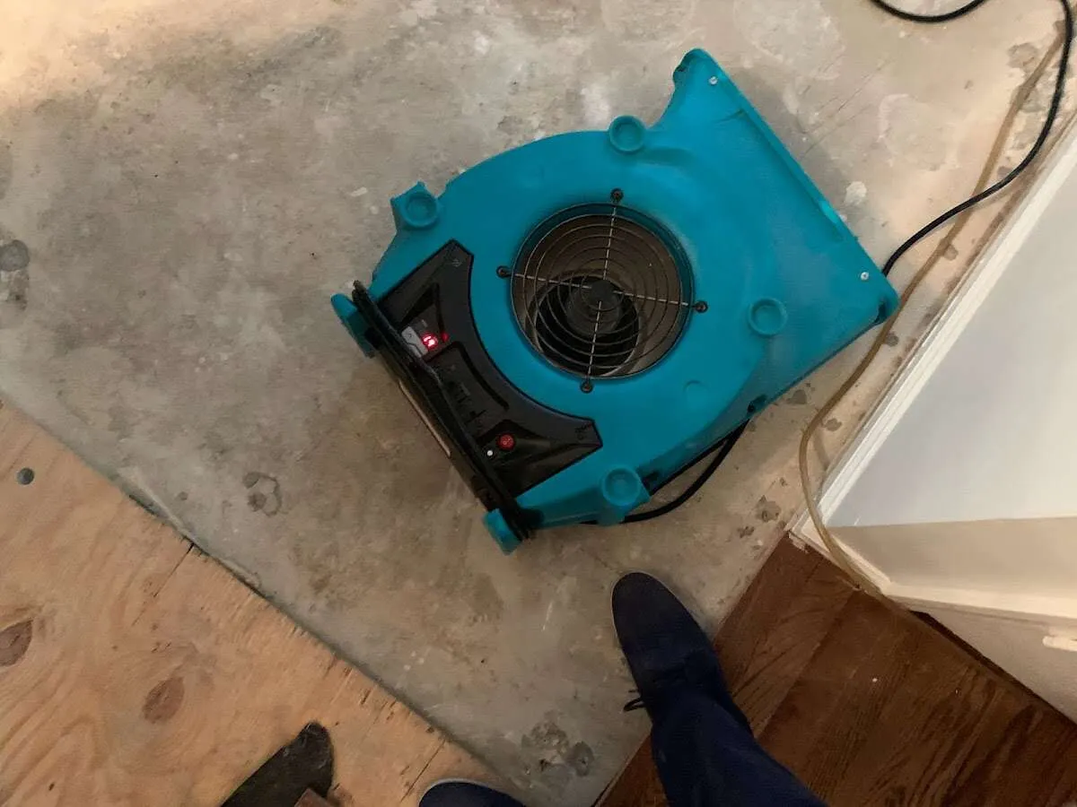Air mover drying subfloor during Leak Detection & Repair in Rib Mountain